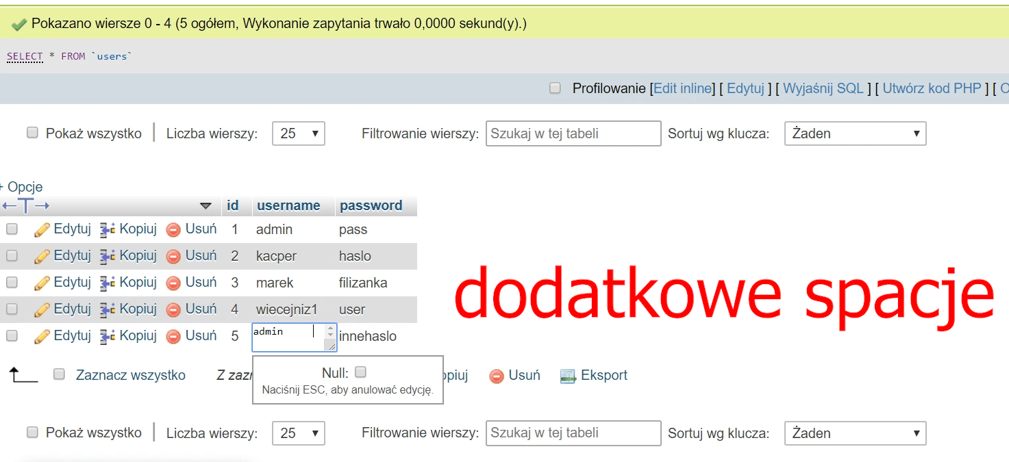 Konto admina z dodatkowymi spacjami